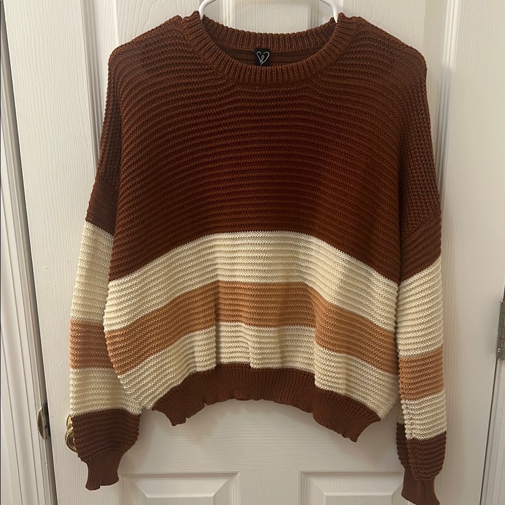 Orange and Cream Crew Neck Sweater with Relaxed Fit